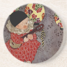 Vintage Child Harlequin Playing Music on a Banjo Coasters