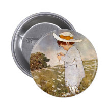 Vintage child picking daisy flowers pinback buttons