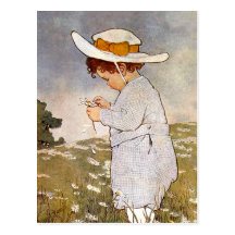 Vintage child picking daisy flowers post card