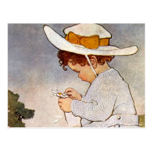 Vintage child picking daisy flowers postcards