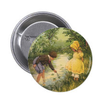 Vintage Children, Boy and Girl Playing by Creek Pinback Button