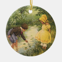 Vintage Children, Boy and Girl Playing by Creek Christmas Ornament