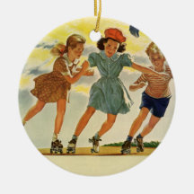 Vintage Children, Boys Girls Fun Roller Skating Christmas Ornament
