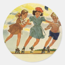 Vintage Children, Boys Girls Fun Roller Skating Round Sticker