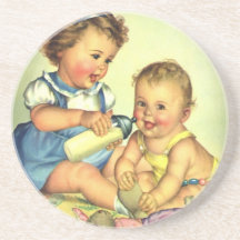 Vintage Children, Cute Happy Toddlers Smile Bottle Drink Coaster