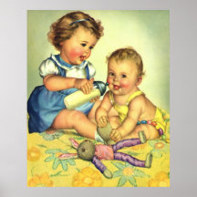 Vintage Children, Cute Happy Toddlers Smile Bottle Poster