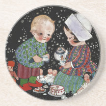 Vintage Children Having a Tea Party with Dolls Beverage Coaster