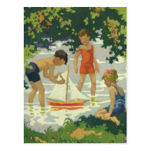 Vintage Children Playing Toy Sailboats Summer Pond Post Cards