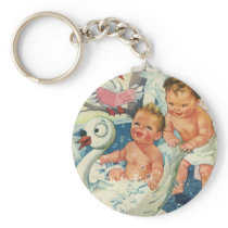Vintage Children Playing w Bubbles in Swan Bathtub