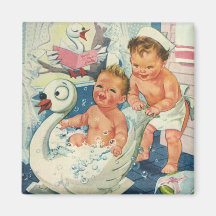Vintage Children Playing w Bubbles in Swan Bathtub Fridge Magnets