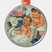 Vintage Children Playing w Bubbles in Swan Bathtub Ornament