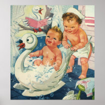 Vintage Children Playing w Bubbles in Swan Bathtub
