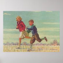Vintage Children Running to School Carrying Books Posters