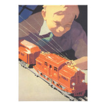 Vintage Christmas, Boy Playing with Toy Trains Invites