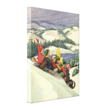 Vintage Christmas, Children Sledding Winter Snow Canvas Prints