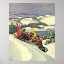 Vintage Christmas, Children Sledding Winter Snow Posters