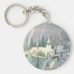 Vintage Christmas, Church Goers in Winter Snow Day Keychains