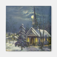 Vintage Christmas, Church in Moonlight Snow Winter Magnet