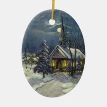 Vintage Christmas, Church in Moonlight Snow Winter Christmas Tree Ornament