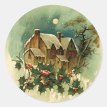 Vintage Christmas Cottage Round Stickers