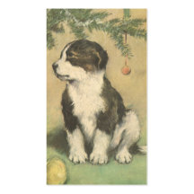 Vintage Christmas, Cute Puppy Under Christmas Tree Business Card Templates