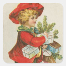 Vintage Christmas Gift Child Square Stickers