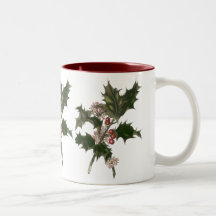 Vintage Christmas Holly Plant with Red Berries Coffee Mugs