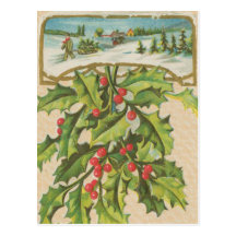 Vintage Christmas Holly Window Postcard