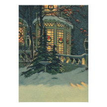 Vintage Christmas House Snow Wreaths Windows Announcement