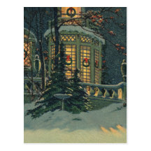 Vintage Christmas House Snow Wreaths Windows Postcards