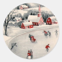 Vintage Christmas, Ice Skating Skaters Frozen Pond Stickers