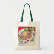 Vintage Christmas, Jolly Santa Claus with Holly Tote Bags