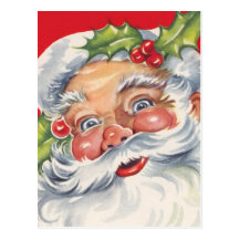 Vintage Christmas, Jolly Santa Claus with Holly Postcard