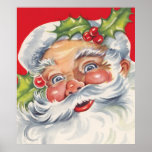 Vintage Christmas, Jolly Santa Claus with Holly Poster