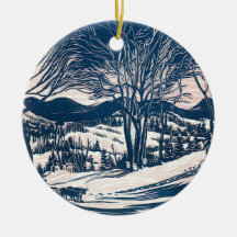 Vintage Christmas Landscape, Snow Trees Mountains Ornament