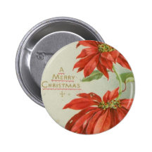 Vintage Christmas Poinsettias Pinback Button