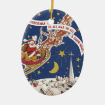 Vintage Christmas, Santa Claus Flying His Sleigh Christmas Tree Ornaments
