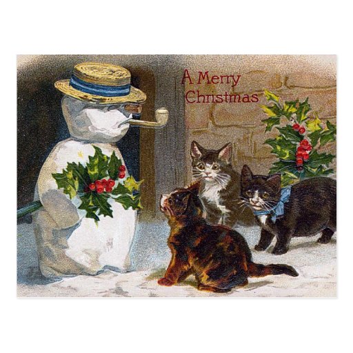 Vintage Christmas Snowman & Kittens Card Post Cards