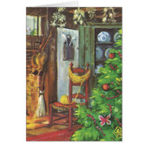 Vintage Christmas Tree Cosy Fireplace Living Room Greeting Card