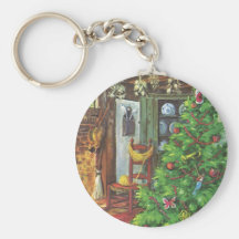 Vintage Christmas Tree Cosy Fireplace Living Room Keychains