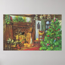 Vintage Christmas Tree Cosy Fireplace Living Room Poster