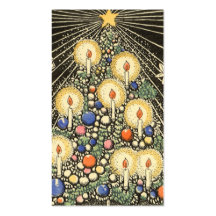 Vintage Christmas Tree Lit Candles Star Stockings Business Card Template