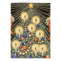 Vintage Christmas Tree Lit Candles Star Stockings Greeting Card