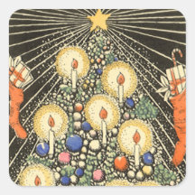 Vintage Christmas Tree Lit Candles Star Stockings Square Sticker