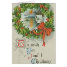 Vintage Christmas Wreath Town Greeting Card