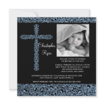 Vintage Cross Photo Baptism Inviation Baby Boy Personalised Announcements