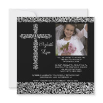 Vintage Cross Photo First Communion Inviation Personalized Invite