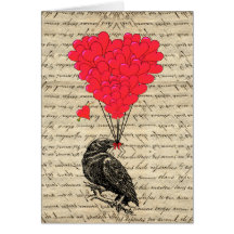 Vintage Crow and heart shaped balloons Greeting Cards