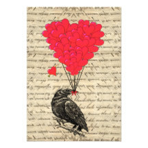 Vintage Crow and heart shaped balloons Invite