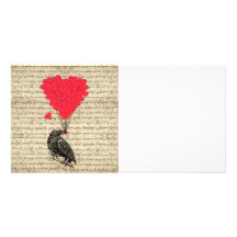 Vintage Crow and heart shaped balloons Photo Greeting Card